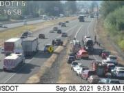 A crash on Interstate 5 south has traffic backed up near the exit for ilani.