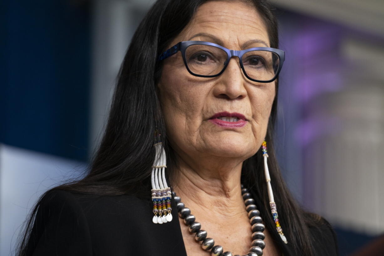 FILE - In this April 23, 2021, file photo, Interior Secretary Deb Haaland speaks during a news briefing at the White House in Washington. U.S. Interior Secretary Deb Haaland is a married woman. Melissa Schwartz, an Interior Department spokeswoman, confirmed Haaland and longtime partner Skip Sayre wed Saturday, Aug.