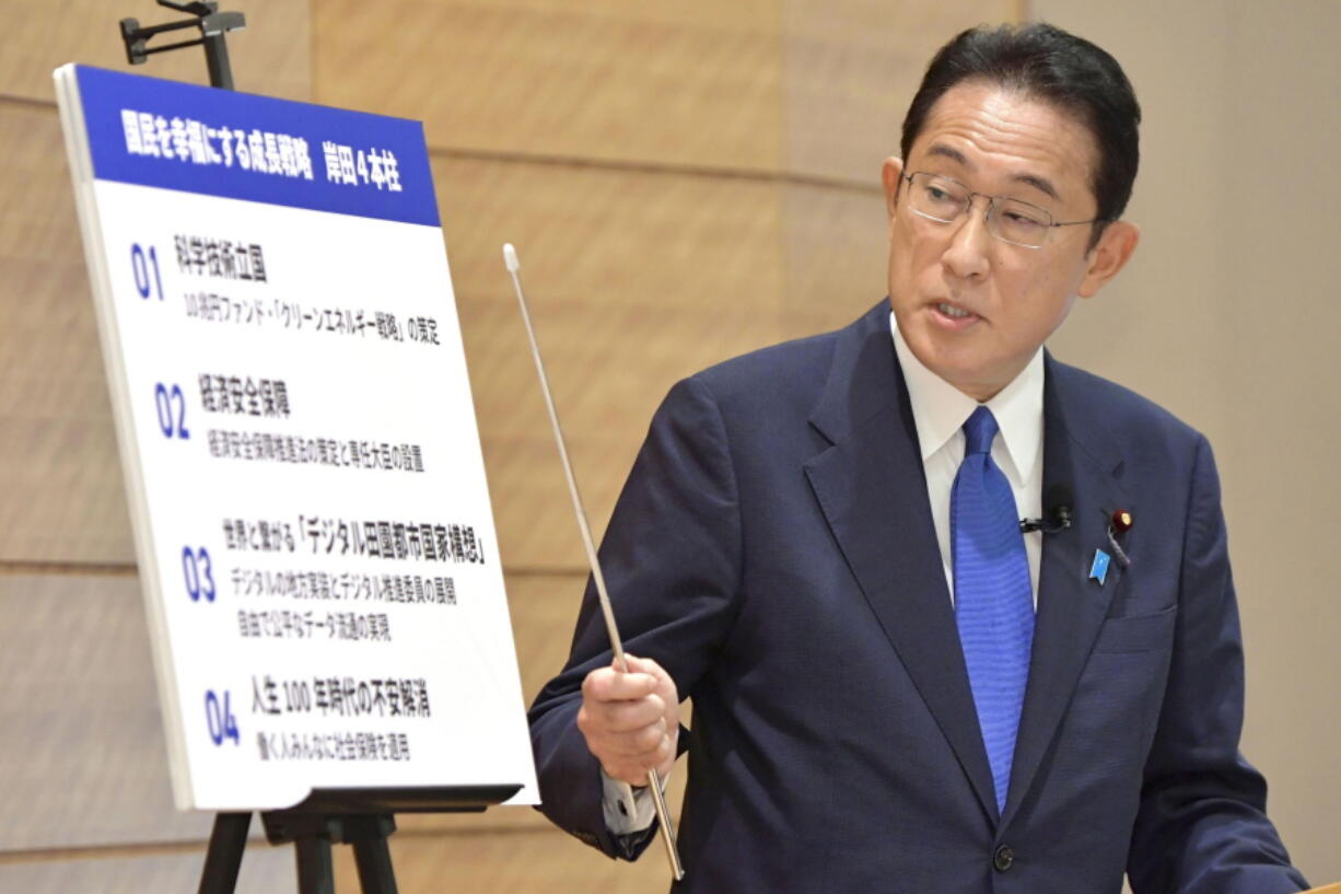 Japan's former Foreign Minister Fumio Kishida announces his economic policy for the governing Liberal Democratic Party's presidential race, in Tokyo Wednesday, Sept. 8, 2021. Kishida, one of the candidates to be Japan's next prime minister to succeed Yoshihide Suga, said Wednesday the country needs a new type of capitalism to address income and social gaps caused by the pandemic.