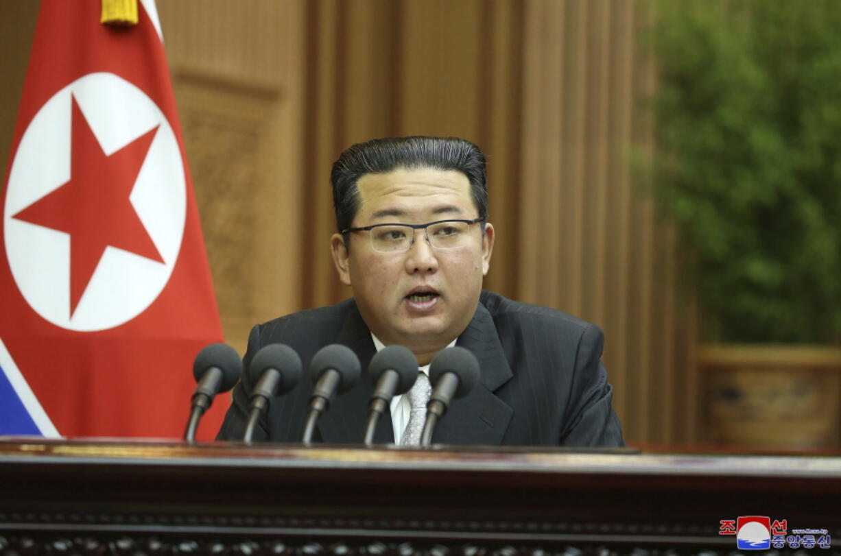 In this photo provided by the North Korean government, North Korean leader Kim Jong Un speaks during a parliament meeting in Pyongyang, North Korea Wednesday, Sept. 29, 2021. Independent journalists were not given access to cover the event depicted in this image distributed by the North Korean government. The content of this image is as provided and cannot be independently verified.