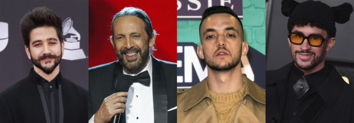 This combination of photos shows, from left, Colombian singer-songwriter Camilo, Dominican maestro Juan Luis Guerra, Spanish rapper C. Tangana and Puerto Rican rapper Bad Bunny, who received the most Latin Grammy nominations on Tuesday, Sept. 28. Camilo led the Latin Grammy Awards nominations with 10 nods, Guerra received six, C. Tangana earned five and Bad Bunny scored four. The 22nd Latin Grammy Awards will be held on Nov. 18.