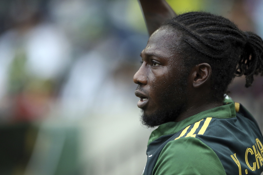 Portland Timbers midfielder Yimmi Chara readies a corner kick against Los Angeles FC during an MLS soccer match Sunday, Sept. 19, 2021, in Portland, Ore.