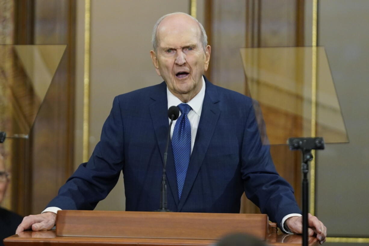 The Church of Jesus Christ of Latter-day Saints President Russell M. Nelson speaks during a news conference on June 14 in Salt Lake City. Members of the faith remain deeply divided on vaccines and mask-wearing despite consistent guidance from church leaders.