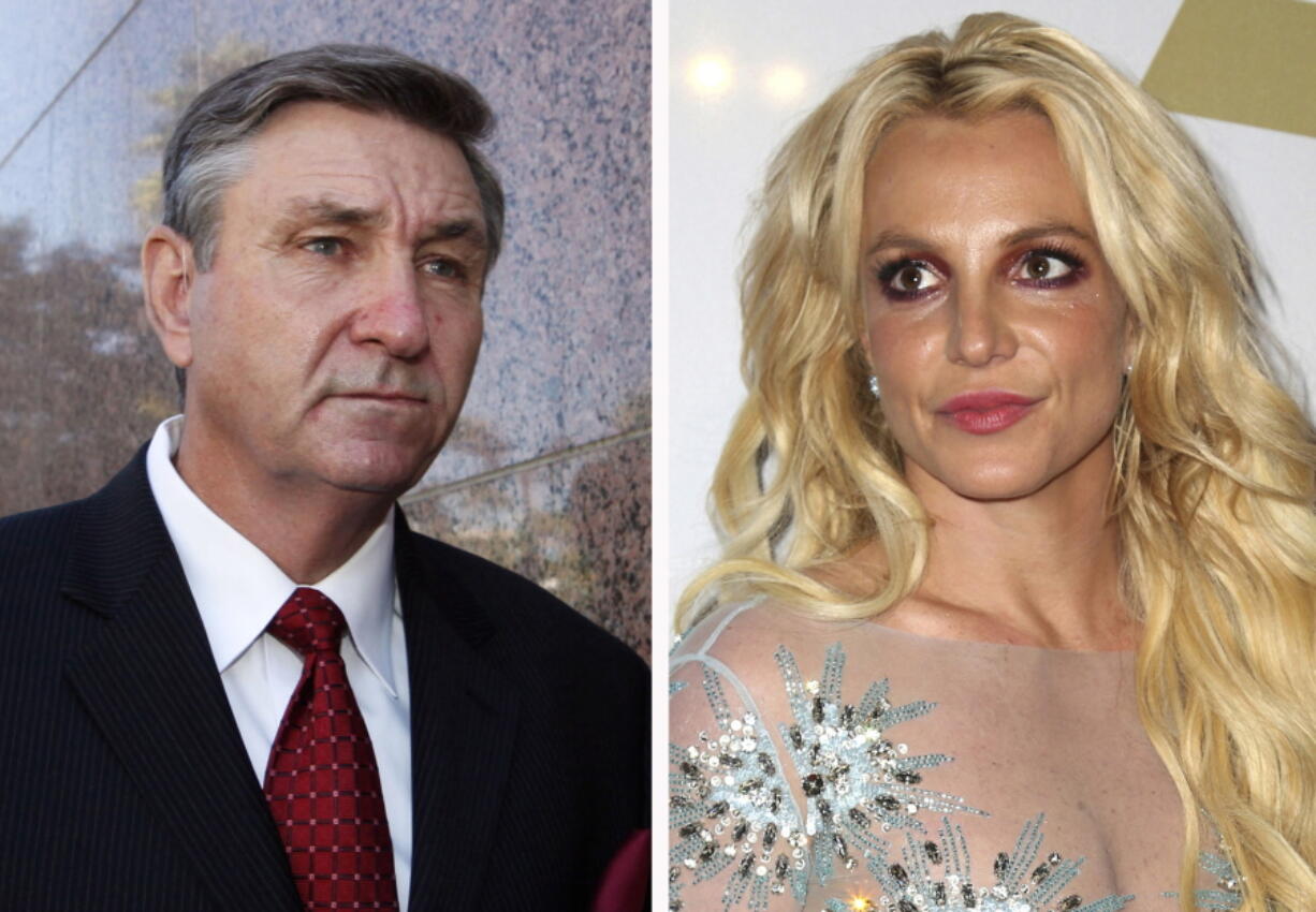 FILE - This combination photo shows Jamie Spears, left, father of Britney Spears, as he leaves the Stanley Mosk Courthouse on Oct. 24, 2012, in Los Angeles and Britney Spears at the Clive Davis and The Recording Academy Pre-Grammy Gala on Feb. 11, 2017, in Beverly Hills, Calif. Britney Spears' father has filed to end the court conservatorship that has controlled the singer's life and money for 13 years. James Spears filed his petition to end the conservatorship in Los Angeles Superior Court on Tuesday, Sept. 7, 2021.