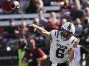 Portland State quarterback Davis Alexander throws a pass during the first half of an NCAA college football game against Washington State, Saturday, Sept. 11, 2021, in Pullman, Wash.