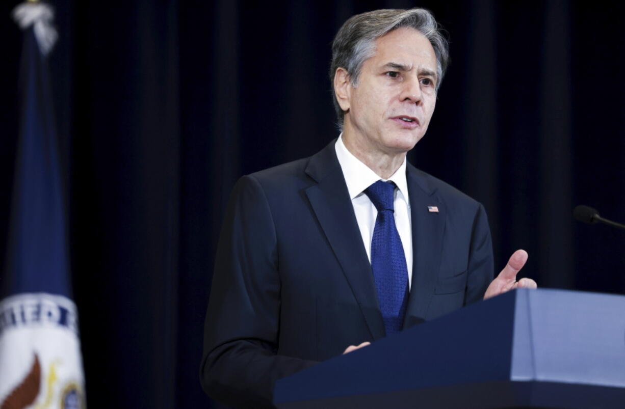 Secretary of State Antony Blinken speaks during a 9/11 commemoration event to mark the 20th anniversary of the Sept. 11, 2001 attacks, at the State Department in Washington, Friday, Sept. 10, 2021.