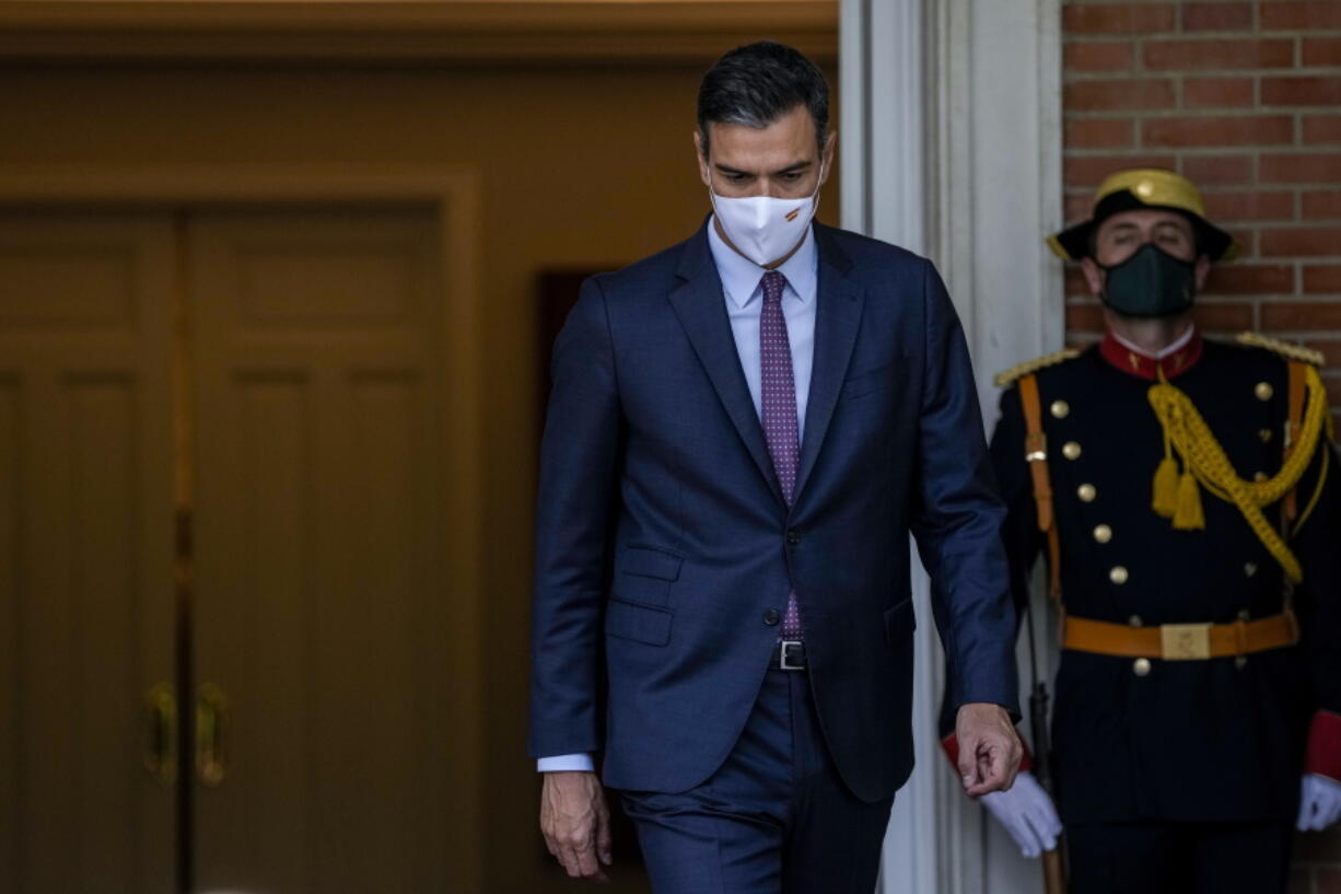 Spanish Prime Minister Pedro Sanchez walks prior to his meeting with Chilean President Sebastian Pinera at the Moncloa palace in Madrid, Spain, Tuesday, Sept. 7, 2021.