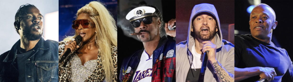 This combination of photos shows, from left, Kendrick Lamar, Mary J. Blige, Snoop Dogg, Eminem and Dr, Dre, who will perform for the first time together on stage at the 2022 Pepsi Super Bowl Halftime Show. NFL, Pepsi and Roc Nation announced Thursday that the five music icons will perform on Feb. 13 at SoFi Stadium in Inglewood, Calif.