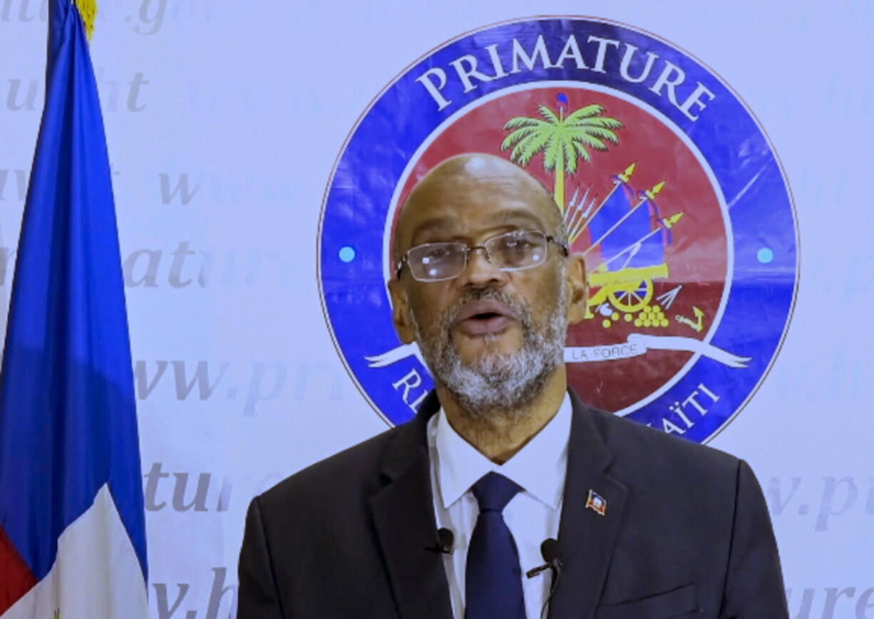 In this photo taken from video, Ariel Henry, Prime Minister of Haiti, remotely addresses the 76th session of the United Nations General Assembly in a pre-recorded message, Saturday Sept. 25, 2021 at UN headquarters.