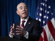 Homeland Security Secretary Alejandro Mayorkas updates reporters on the effort to resettle vulnerable Afghans in the United States, in Washington, Friday, Sept. 3, 2021. (AP Photo/J.