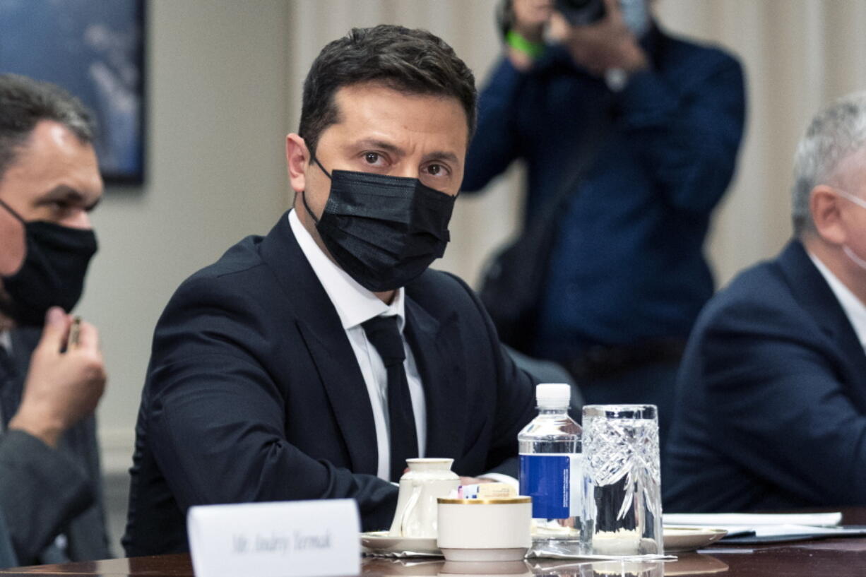 Visiting Ukrainian President Volodymyr Zelenskyy, center, speaks during a meeting with Defense Secretary Lloyd Austin at the Pentagon, Tuesday, Aug. 31, 2021, in Washington.