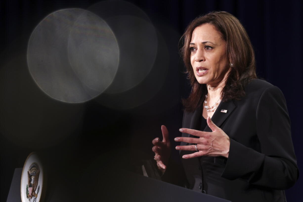 U.S. Vice President Kamala Harris holds a news conference before departing Vietnam for the United States following her first official visit to Asia, in Hanoi, Vietnam, August 26, 2021.