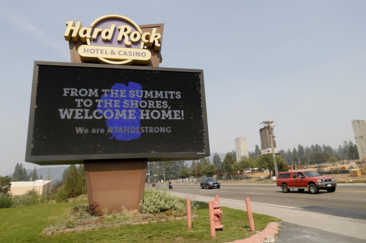 A welcome home sign is seen at the Hard Rock Hotel & Casino Highway 50 near Stateline, Nev., on Monday, Sept. 6, 2021. The hotel is being used by firefighters and other first responders working the Caldor Fire.