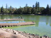 People stand on a Lacamas Lake pier on Sept. 25. The county placed "danger" advisories around the Camas lake earlier this year after finding high concentrations of toxic blue-green algae.