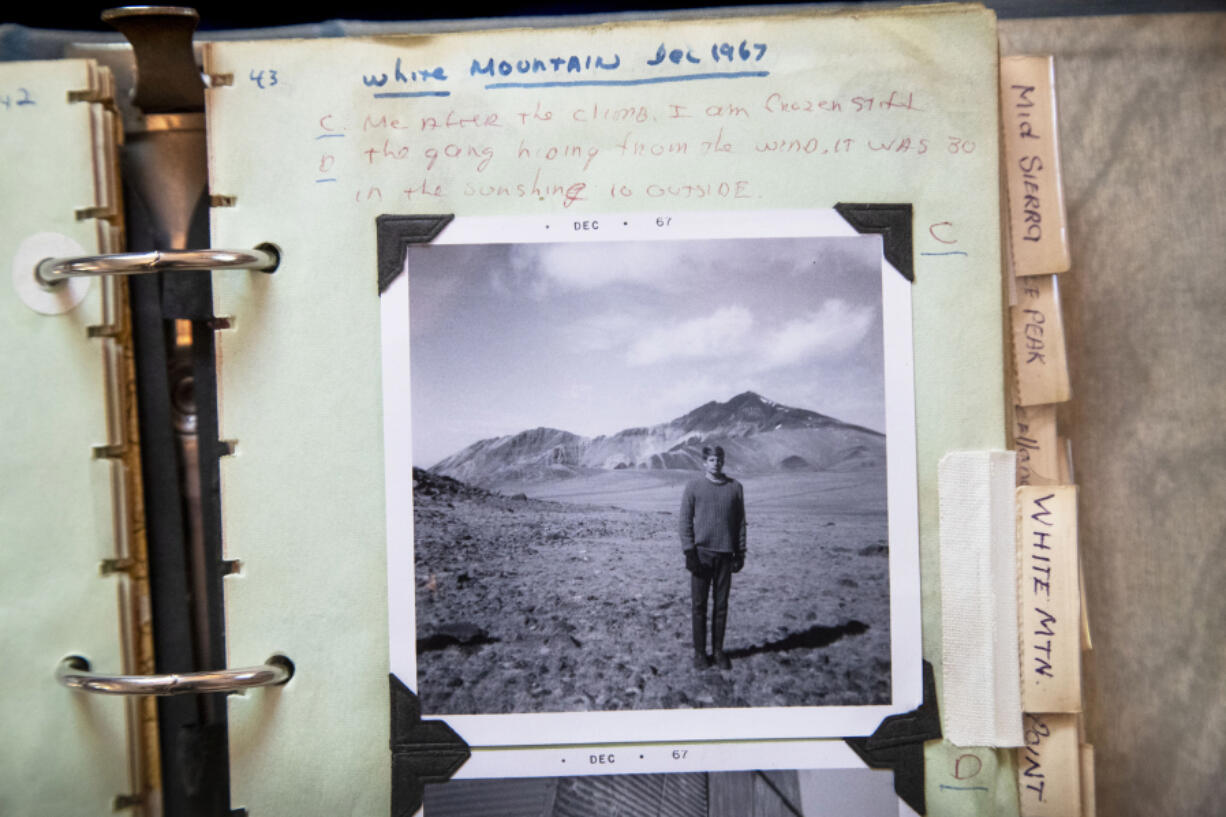 Jon Fredland has kept a chronicle of his mountaineering adventures. Some trips have photos like this Polaroid of him after climbing White Mountain Peak, California in1967 with the note, "Me after the climb.