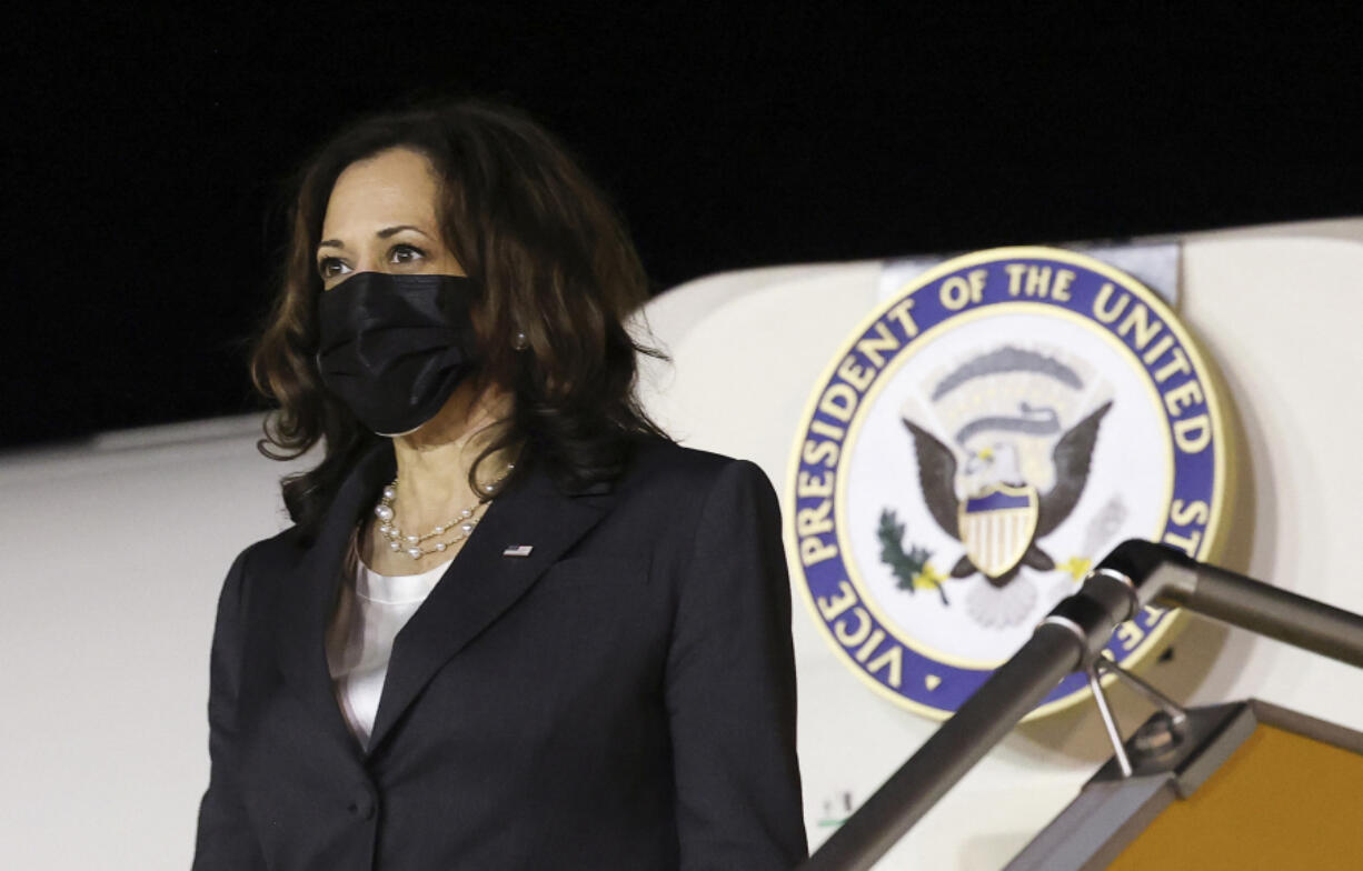 Vice President Kamala Harris arrives at the airport in Hanoi, Vietnam, on August, 24, 2021. Harris landed in Vietnam after an "anomalous health incident" in Hanoi delayed her flight from Singapore, the U.S. embassy said.