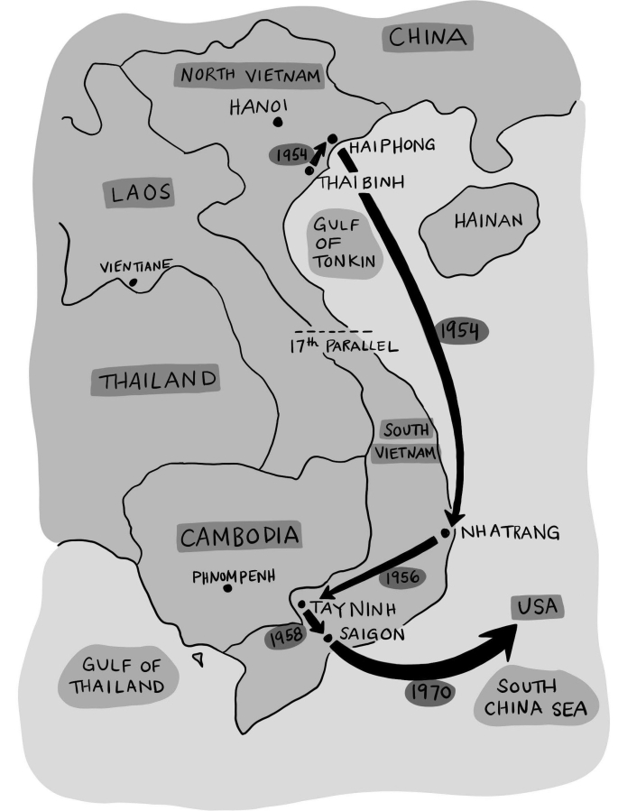 This map, from Tim Tran's book "American Dreamer," traces his family's relocation from North Vietnam to capital city Saigon when he was a child, and his first exit from Vietnam as a college student bound for Oregon in 1970.