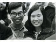 Tim Tran and his wife-to-be, Thuy (now Cathy), enjoy a typical, informal American pleasure at Pacific University in 1971: watching a pie-eating contest.