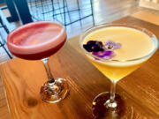 Saap's His & Hers with pisco, yazu liqueur and raspberry syrup; Dolce Passione with vodka, Cava, passionfruit, and vanilla.