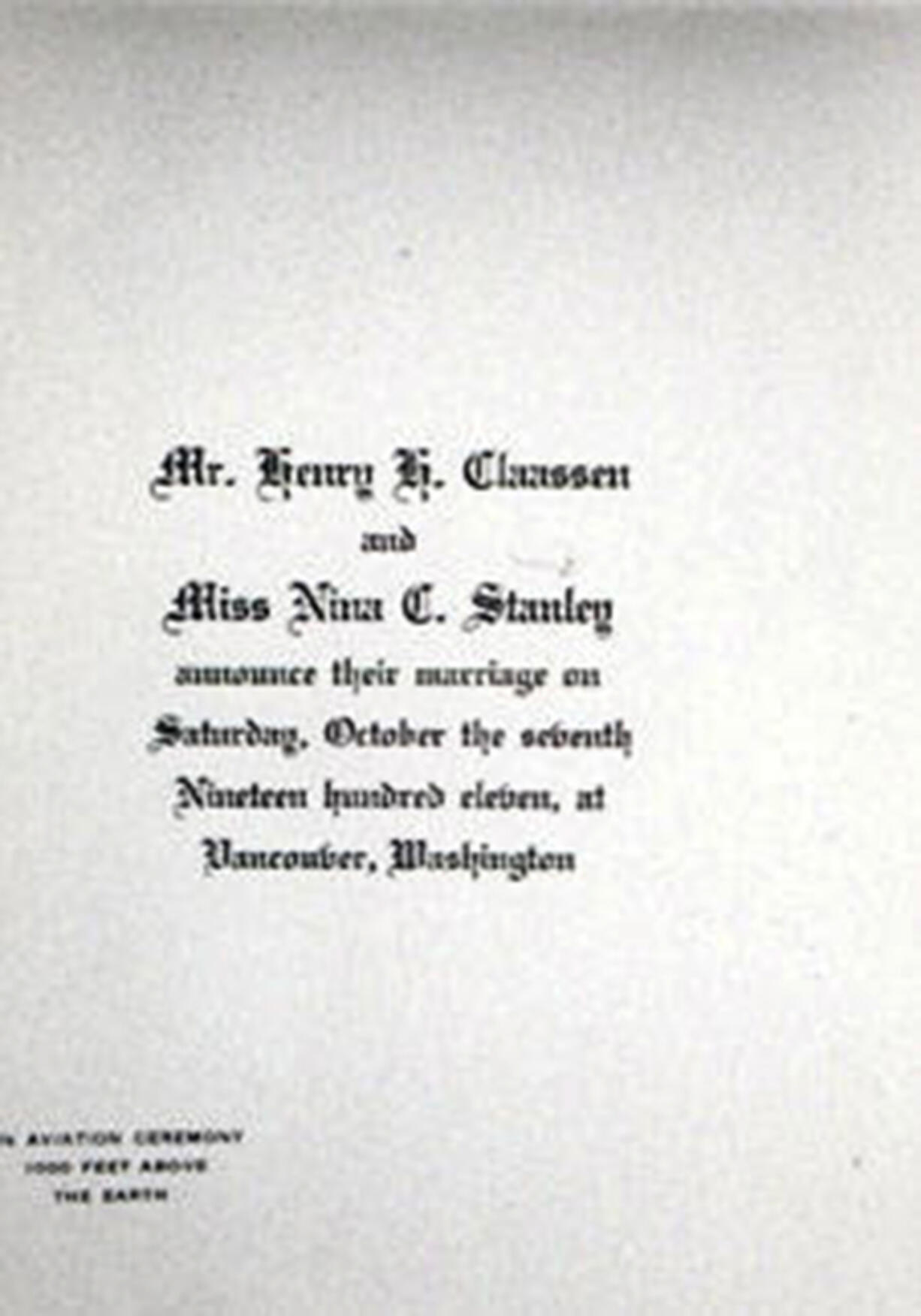 In 1911, a Vancouver couple planned their marriage 1,000 feet in the air despite worries that only earthbound nuptials might be legitimate. Their contested wedding plans never took off. Instead, they wed with their feet on the ground in front of a flightless screw-prop airplane that never flew and never would.