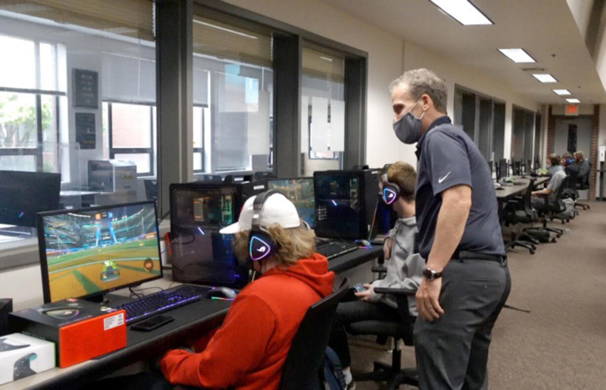 Battle Ground Public Schools Superintendent Denny Waters watches an esports practice at Battle Ground High School.