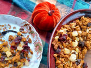 Bake the pumpkin granola without fruit or nuts and mix them in after baking for the best flavor.