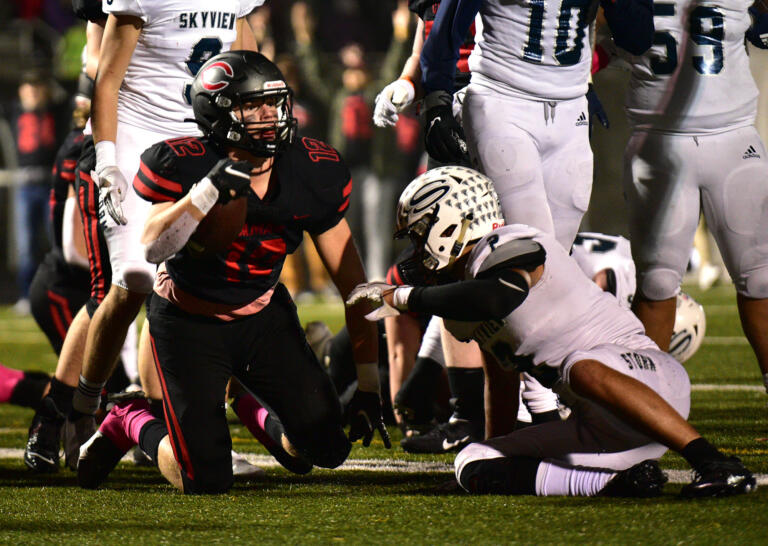 Camas senior Luke Jamison looks up after scoring a touchdown Friday, Oct. 22, 2021, during the Papermakers’ 17-7 win against Skyview at Camas High School.