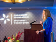 Jennifer Rhoads, president of the Community Foundation for Southwest Washington, speaks during an event. She has announced she will be stepping down from her position.