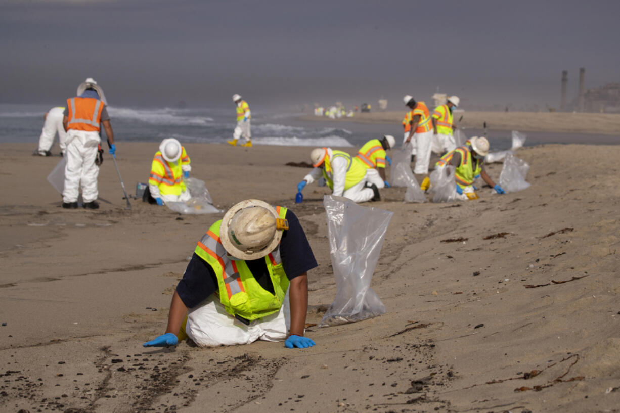 Cleanup crews spread out across the beach as they begin cleaning up oil in the sand from a major oil spill on Huntington State Beach in Huntington Beach Monday, Oct. 4, 2021. Cleanup crews began cleaning up the the damage from a major oil spill off the Orange County coast that left crude spoiling beaches, killing fish and birds and threatening local wetlands. (Allen J.