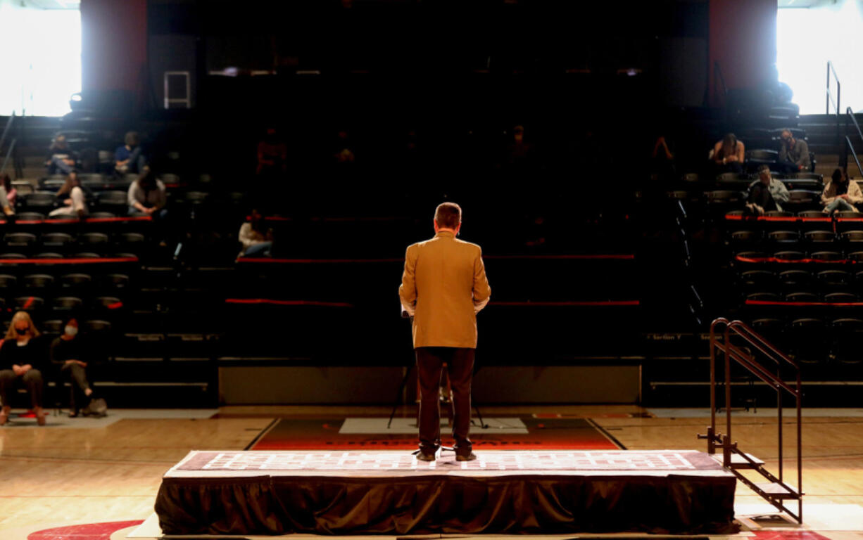 Tiberius Rata, the associate dean at the School of Ministry Studies at Grace College and Seminary, preaches to students during chapel service inside the Manahan Orthopaedic Capital Center on the campus in Winona Lake, Indiana, on Tuesday, March 30, 2021.