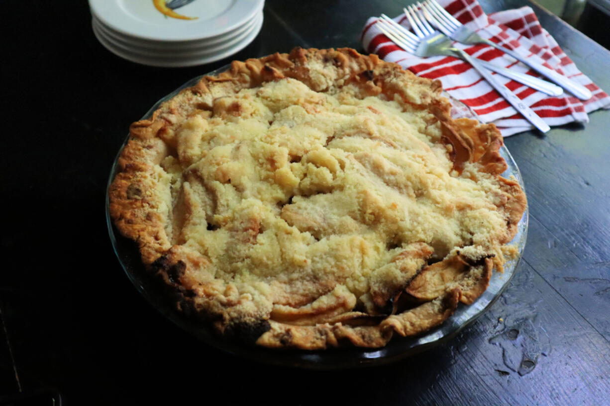 Travis Harhai's deep-dish apple crumble pie.