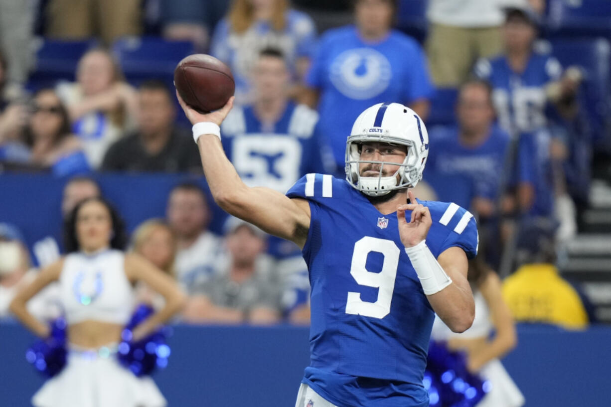 Indianapolis Colts quarterback Jacob Eason (9) throws during the second half of an NFL football game against the Los Angeles Rams, Sunday, Sept. 19, 2021, in Indianapolis.