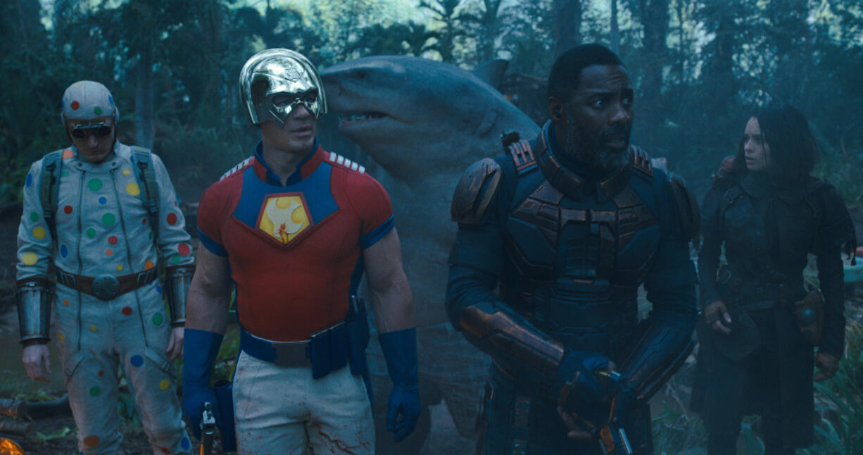 From left: David Dastmalchian, John Cena, King Shark (voiced by Sylvester Stallone), Idris Elba and Daniela Melchior star in "The Suicide Squad." (Warner Bros.