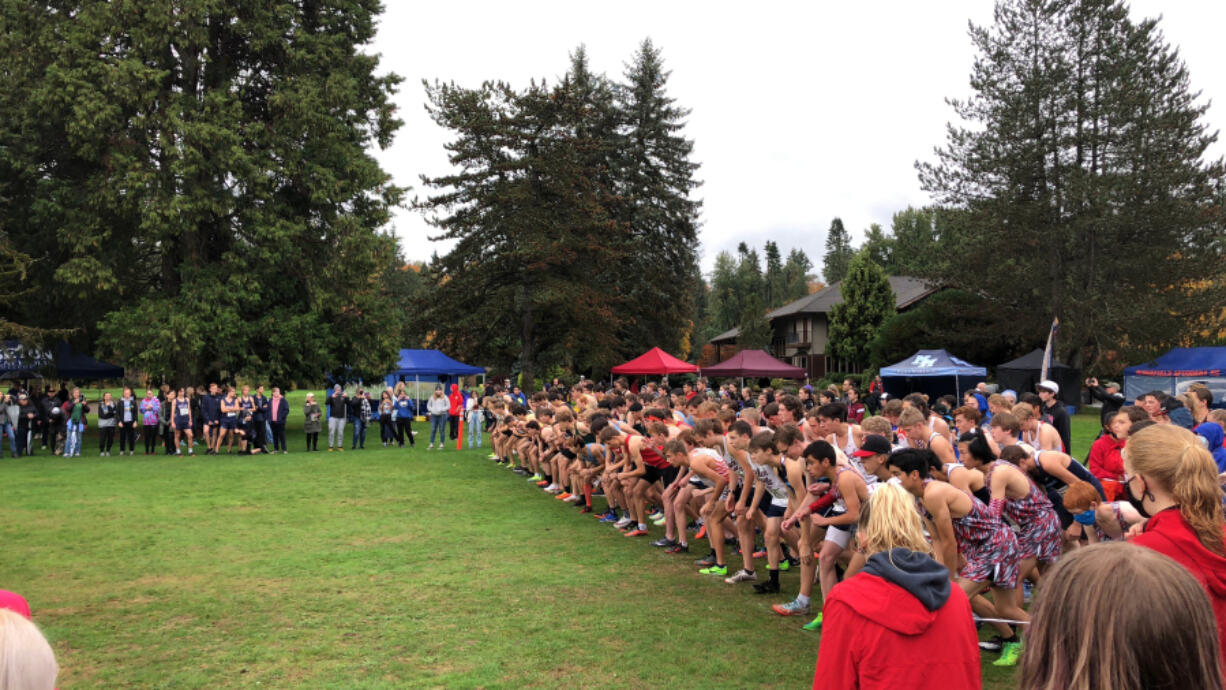 Runners line up at the start of the Class 2A boys race at the 2A/1A district cross country championships on Thursday at Lewis River Golf Course east of Woodland.