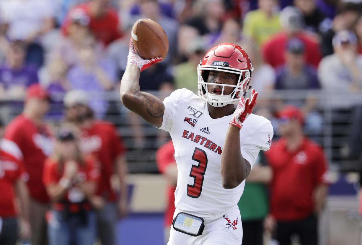 Eastern Washington quarterback Eric Barriere threw for 600 yards and seven touchdowns in a 71-14 win over Idaho on Saturday, Oct. 16, 2021..