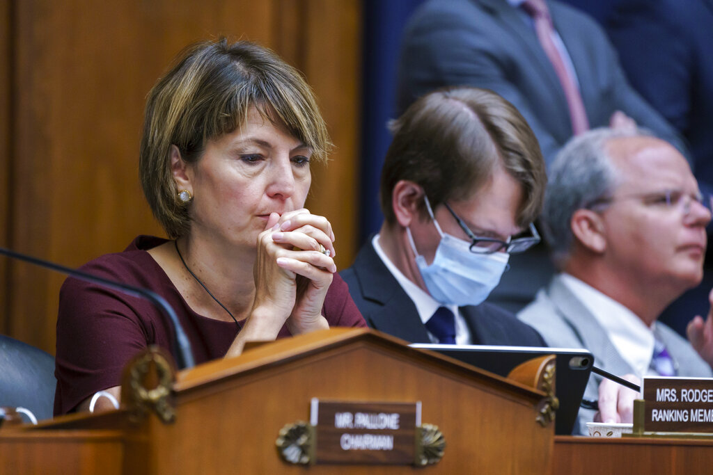 Rep. Cathy McMorris Rodgers, R-Wash., the ranking member of the House Energy and Commerce Committee, listens during votes on amendments as during work on the "Build Back Better" package, cornerstone of President Joe Biden's domestic agenda, at the Capitol in Washington, Wednesday, Sept. 15, 2021. (AP Photo/J.