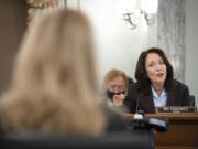 Sen. Maria Cantwell, D-Wash., questions former Facebook employee and whistleblower Frances Haugen during a Senate Committee on Commerce, Science, and Transportation hearing on Capitol Hill on Tuesday, Oct. 5, 2021, in Washington.