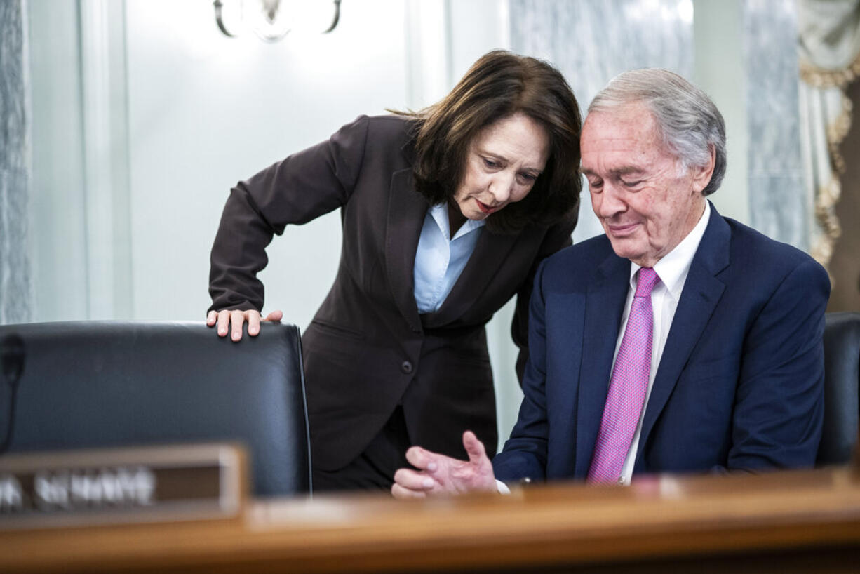 Sen. Maria Cantwell, D-Wash., talks with Sen. Ed Markey, D-Mass. as former Facebook data scientist Frances Haugen speaks during a hearing of the Senate Commerce, Science, and Transportation Subcommittee on Consumer Protection, Product Safety, and Data Security, on Capitol Hill, Tuesday, Oct. 5, 2021, in Washington.