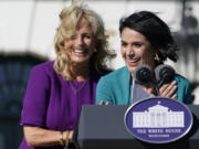 First lady Jill Biden comes over to comfort 2021 National Teacher of the Year Juliana Urtubey, a bilingual special education teacher in Las Vegas, who was emotional as she spoke during an event with 2020 and 2021 State and National Teachers of the Year on the South Lawn of the White House in Washington, Monday, Oct. 18, 2021.