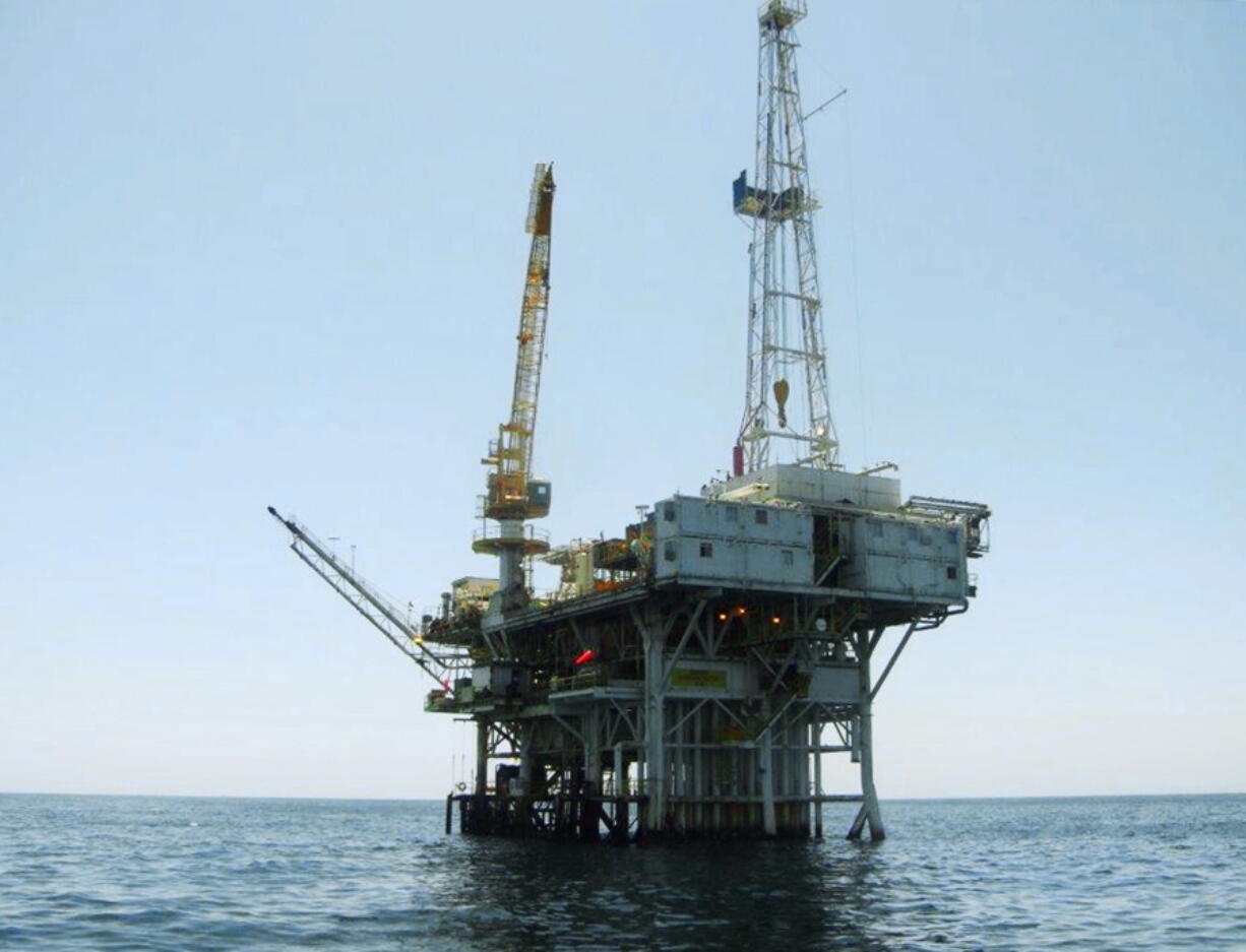 FILE - This undated file photo provided by the California State Lands Commission shows Platform Holly, an oil drilling rig in the Santa Barbara Channel offshore of the city of Goleta, Calif. The Platform Holly is one of four offshore oil platforms in California's coastal waters. The state is in the process of plugging and abandoning the platform's wells and eventually plans to decommission the platform, a process expected to cost taxpayers tens of millions of dollars.