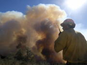 FILE - In this Oct. 13, 2021, file photo, a firefighter watches as smoke rises from a wildfire in Goleta, Calif.  Worsening climate change requires that the United States do much more to track and manage flows of migrants fleeing natural disasters. That's the finding of a multiagency study from the Biden administration. President Joe Biden ordered the assessment.  (AP Photo/Ringo H.W.