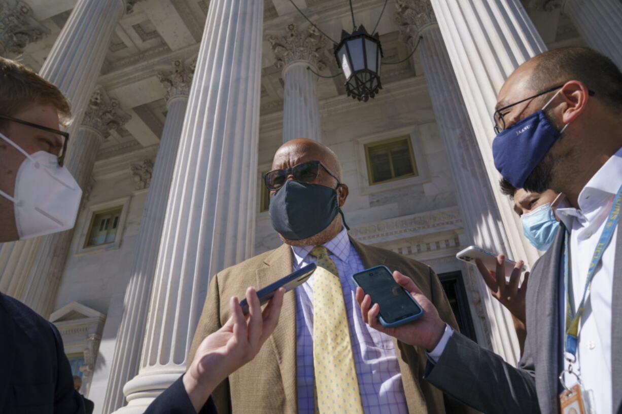 FILE - In this Sept. 24, 2021, file photo, Rep. Bennie Thompson D-Miss., chairman of the House Select Committee on the January 6th attack speaks with reporters outside the Capitol in Washington. (AP Photo/J.