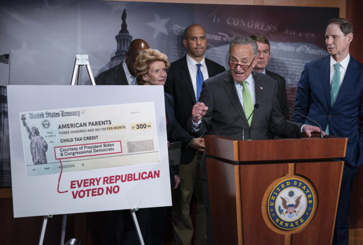 FILE - Senate Majority Leader Chuck Schumer, D-N.Y., holds a news conference to talk about the benefits of the Child Tax Credit, at the Capitol in Washington, Thursday, July 15, 2021. President Joe Biden and leading Democratic lawmakers have been fighting to make permanent a child tax credit that would give families at least $300 a month per child. But the latest budget deal would extend the payments through the end of the next year. (AP Photo/J.