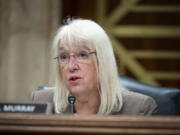 FILE - In this June 9, 2021, file photo, Sen. Patty Murray, D-Wash., speaks during a Senate Appropriations Subcommittee hearing on Capitol Hill in Washington. Murray who was elected in 1992 as a self described "mom in tennis shoes," has been fighting for paid family and medical leave for decades. For much of this year she appeared to be close to winning.