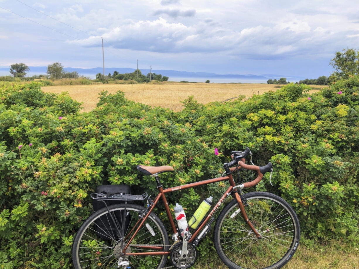 A bicycle rests against a hedge by the St. Lawrence River on Route Verte 1, one of Quebec's prime long-distance bicycling routes, outside the village of Kamouraska, on Sept. 8.