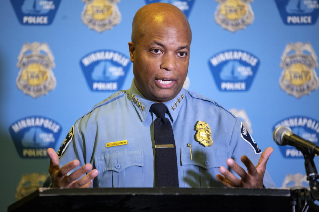 Minneapolis Police Chief Medaria Arradondo addresses the media regarding the proposed charter amendment that would replace the police department, during a new conference at St. Mary's Greek Orthodox Church, Wednesday, Oct. 27, 2021, in Minneapolis.