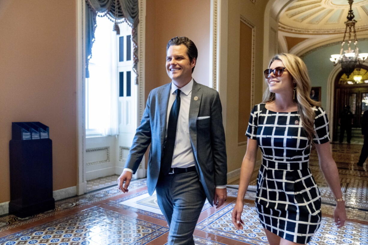 Rep. Matt Gaetz, R-Fla., and his wife Ginger Luckey walk through the U.S. Capitol Building in Washington, Tuesday, Sept. 28, 2021.