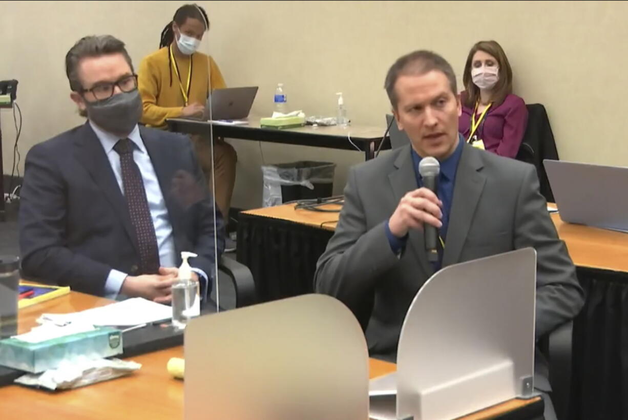 FILE - In this April 15, 2021, file image taken from video, defense attorney Eric Nelson, left, and defendant, former Minneapolis police officer Derek Chauvin, address Hennepin County Judge Peter Cahill at the Hennepin County Courthouse in Minneapolis. The Minnesota Supreme Court on Wednesday, Oct. 6, 2021, denied former officer Chauvin's request to have a public defender represent him as he appeals his murder conviction and sentence in the death of George Floyd.