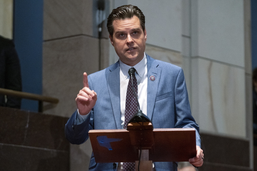 Rep. Matt Gaetz, R-Fla., speaks during a House Judiciary Committee oversight hearing of the Department of Justice on Thursday, Oct. 21, 2021, on Capitol Hill in Washington.