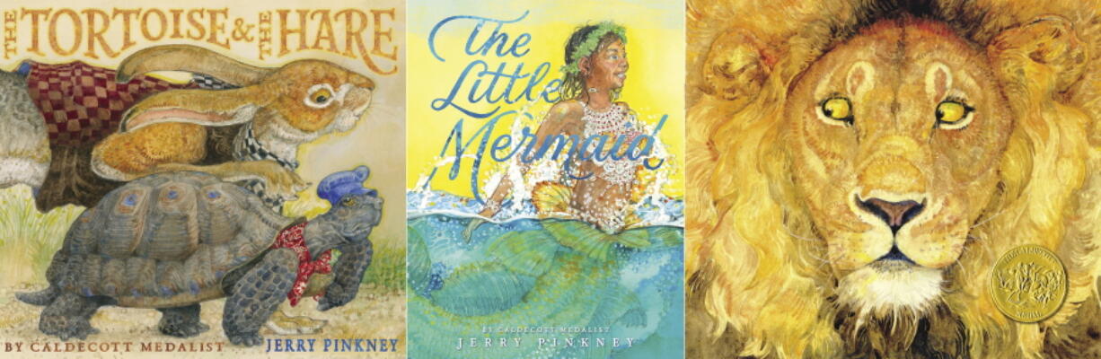 This combination of book cover images shows "The Tortoise & The Hare," "The Little Mermaid," and "The Lion and the Mouse," by Caldecott Medalist Jerry Pinkney. Little, Brown Books for Young Readers announced that Pinkney died Wednesday, Oct. 20, 2021, at age 82 after a brief, non-Covid related illness.